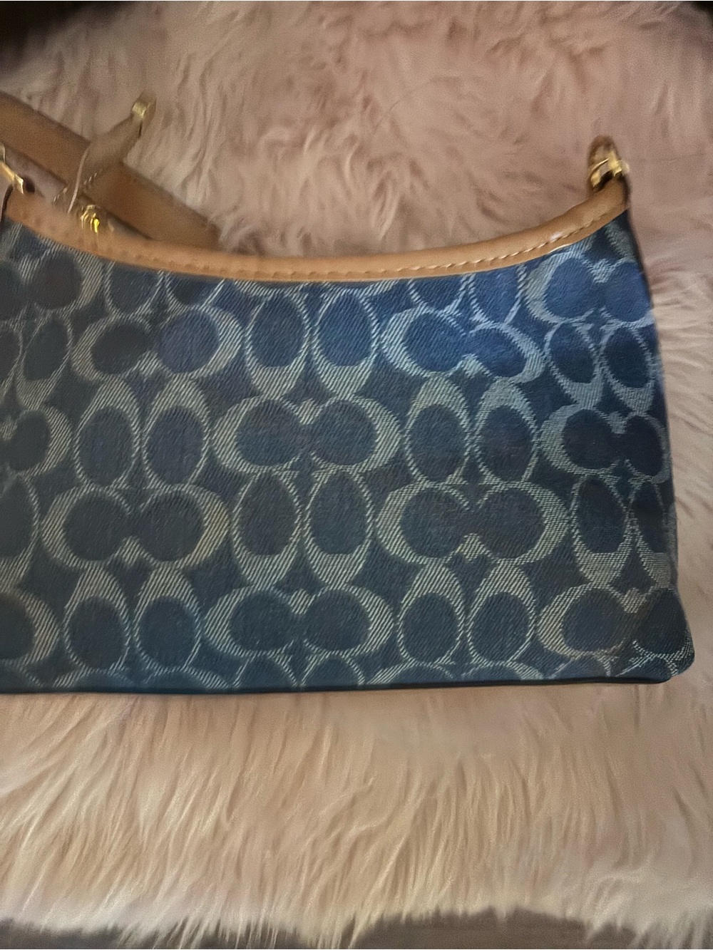 Blue Denim Mini Shoulder Bag with Tan Trim and Gold Hardware - Picture 5 of 6